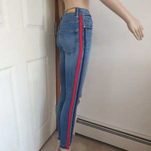 Express Womens Jean Leggings Ankle High Rise Skinny Red Stripe Raw Hem S…
